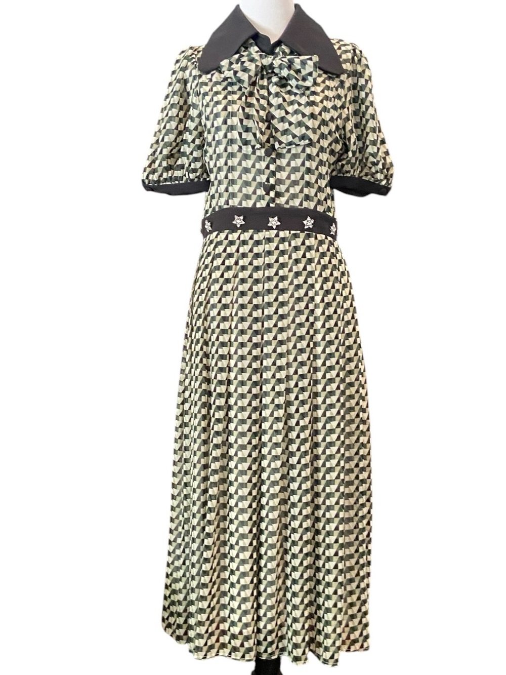 Sister Jane Feminine print  Dress with Peter Pan Collar & jeweled embellishment.